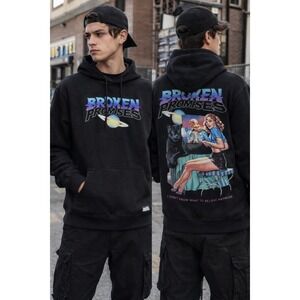 Broken Promises Hoodie Men's Small Black Graphic Planet Bear Pullover